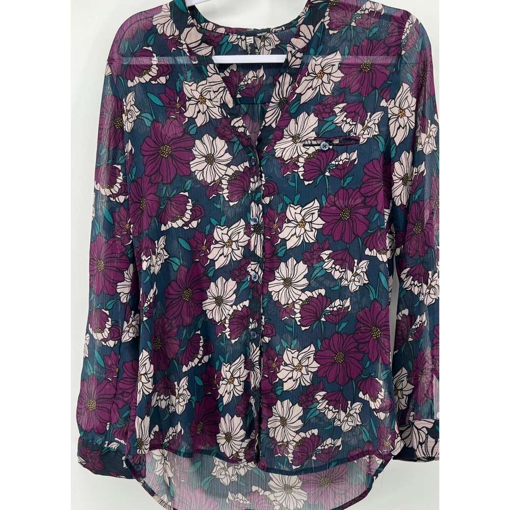 Kut from the Kloth Womens Floral Sheer Button Down Blouse Teal Purple Medium‎